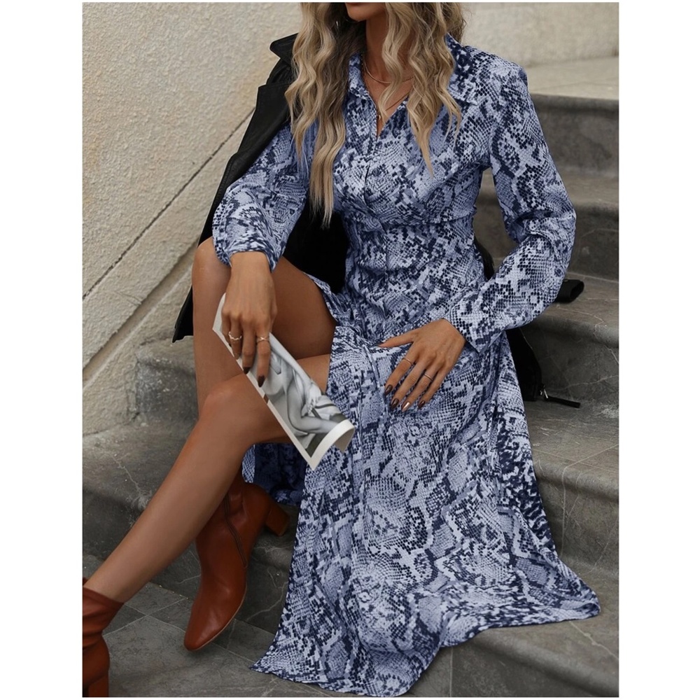 Luxe Snakeskin Print Button up Long Sleeve Dress - Picture 4 of 6